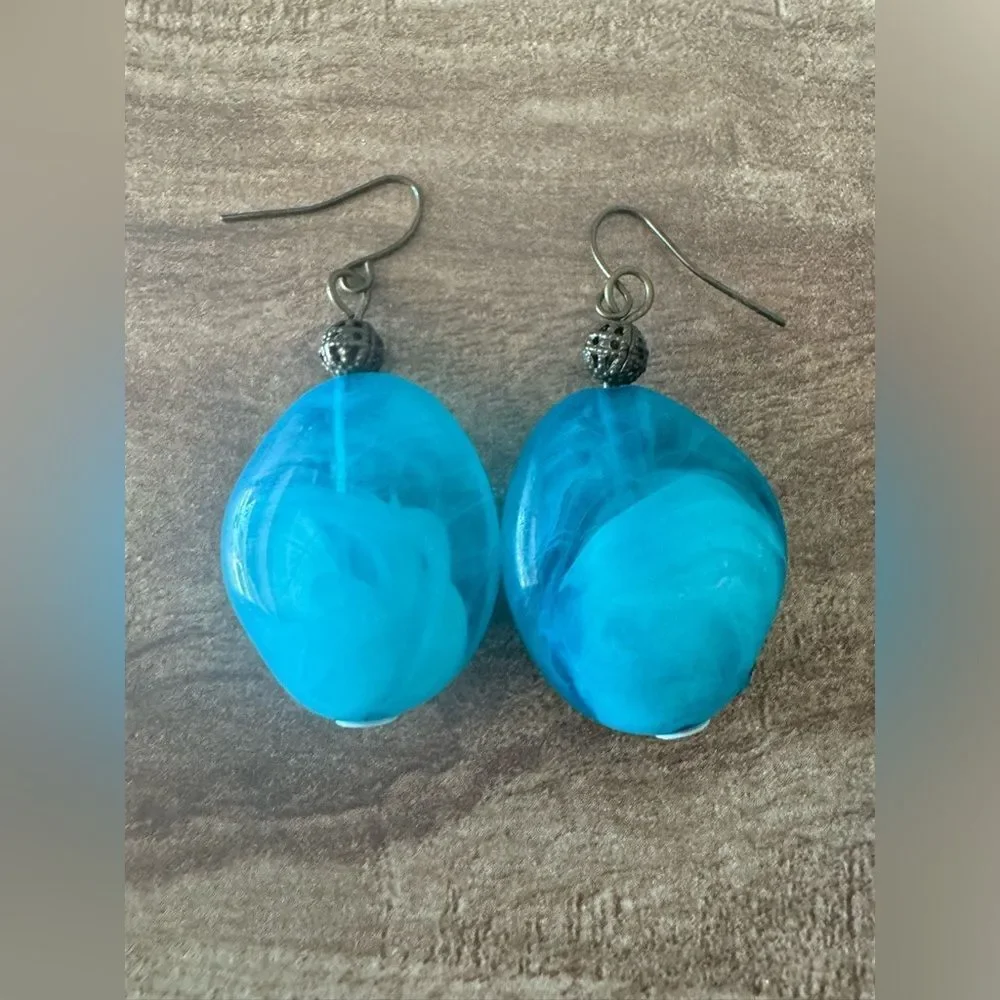 Vintage Dangle Drop Earrings Ocean Blue Wave Oval Glass Crystal 70s Modern Bold